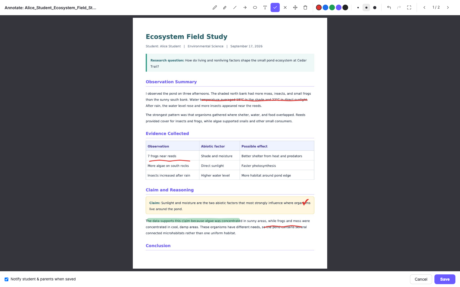 CO-OP Link web portal annotation editor with a student's PDF marked up using pen, highlighter, and check-mark stamps