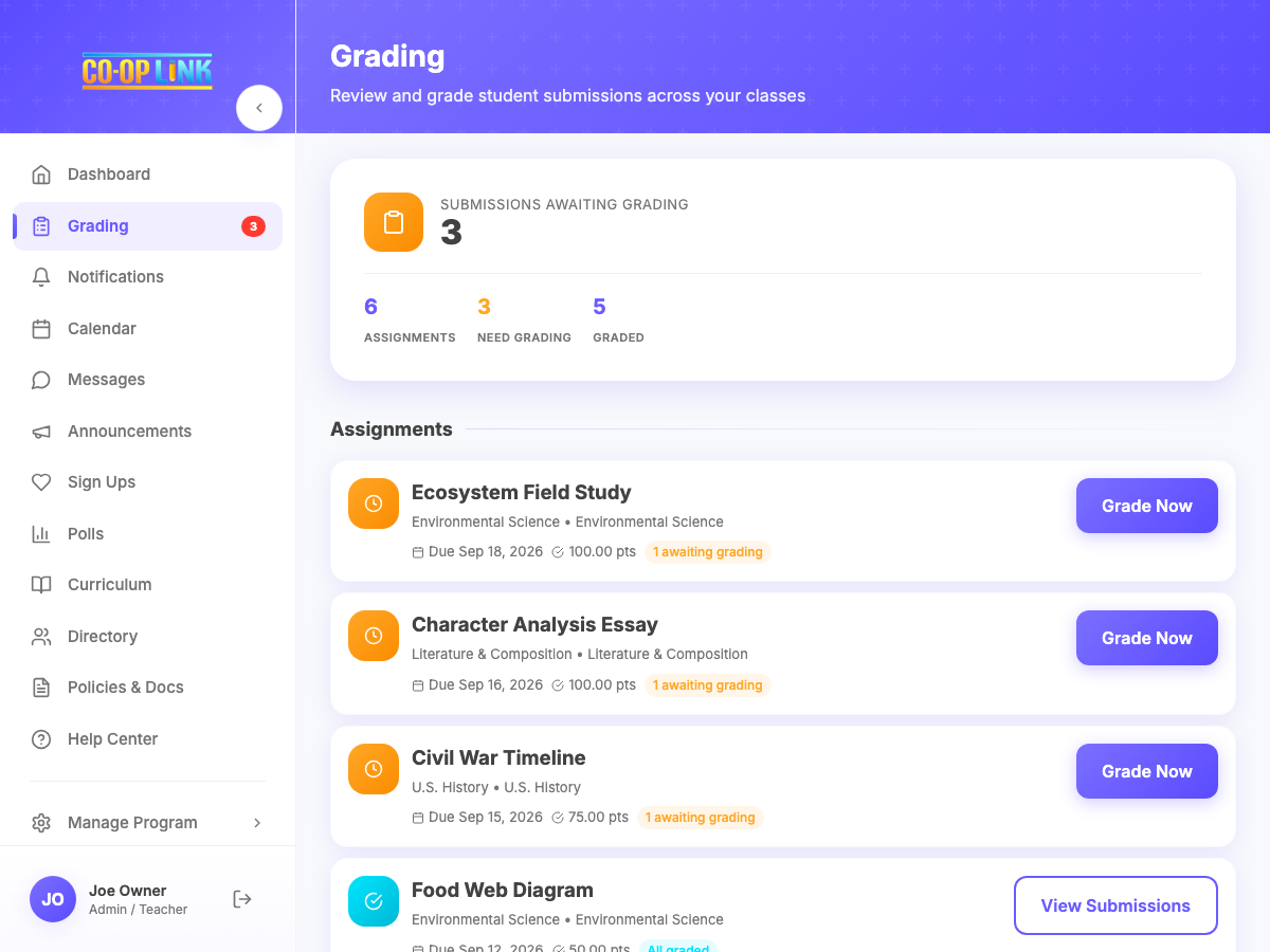 CO-OP Link web portal grading queue listing pending submissions across every class with status counts
